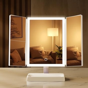 Oglindă de machiaj LED pliabilă cu trei panouri, pentru birou sau dormitor, cu lumină