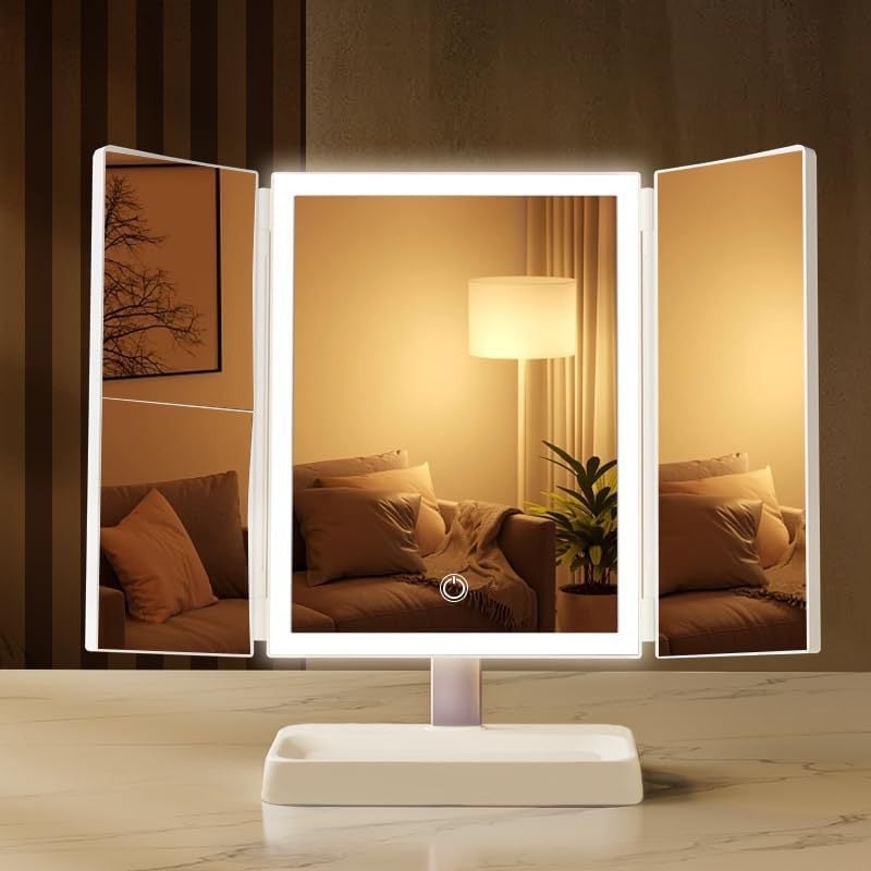 Oglindă de machiaj LED pliabilă cu trei panouri, pentru birou sau dormitor, cu lumină