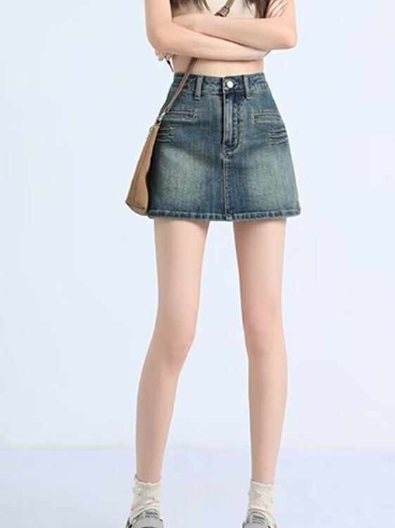 Ženska retro denim mini suknja, visok pojas, A-silueta, ljetni stil 2024.