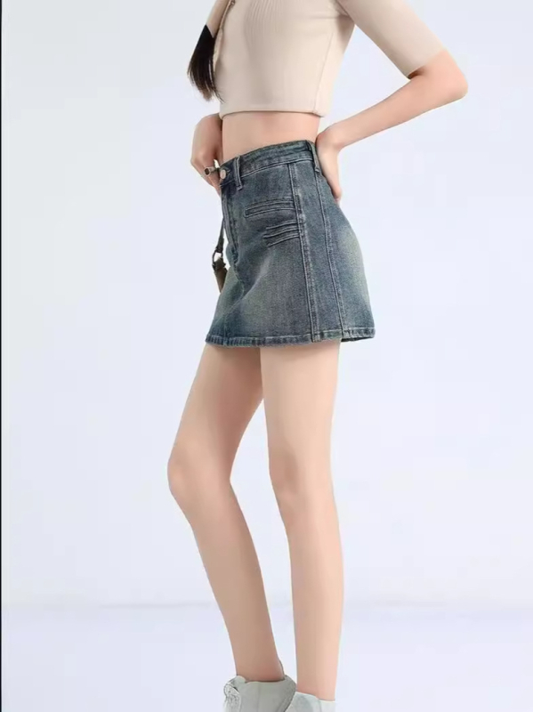 Ženska retro denim mini suknja, visok pojas, A-silueta, ljetni stil 2024.
