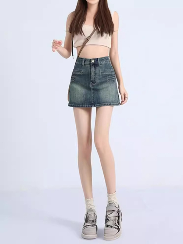 Ženska retro denim mini suknja, visok pojas, A-silueta, ljetni stil 2024.
