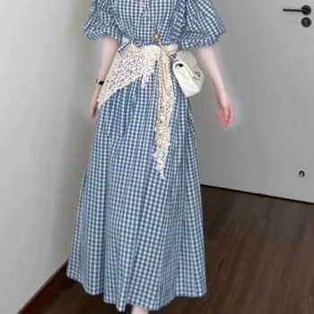 2026 ljetna haljina za žene, plava karirana s puff rukavima, petite i plus size