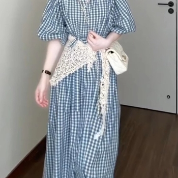 2026 ljetna haljina za žene, plava karirana s puff rukavima, petite i plus size