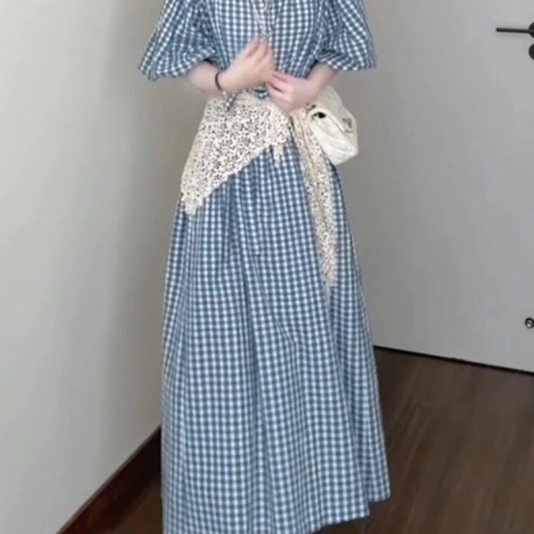 2026 ljetna haljina za žene, plava karirana s puff rukavima, petite i plus size