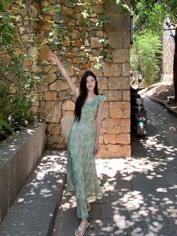 Zelena haljina s tankim trakicama i floralnim uzorkom za žene, duga ljetna haljina za plažu i odmor, 2025