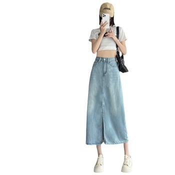 Mekana denim midi suknja za žene, svijetla boja, visok pojas, tekući drapirani dio, otvor, A-linija, prilagodljiva bokovima, pogodna za sitnije figure