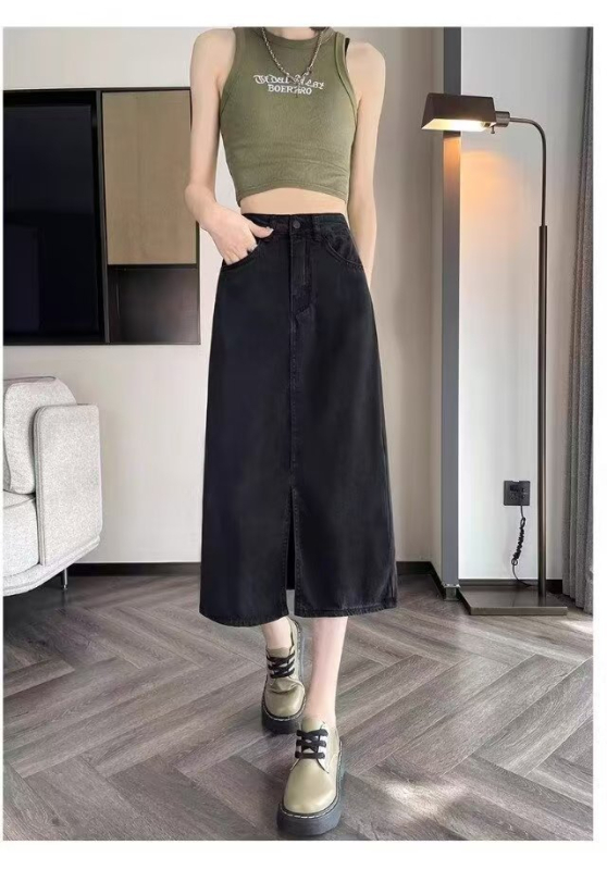 Mekana denim midi suknja za žene, svijetla boja, visok pojas, tekući drapirani dio, otvor, A-linija, prilagodljiva bokovima, pogodna za sitnije figure