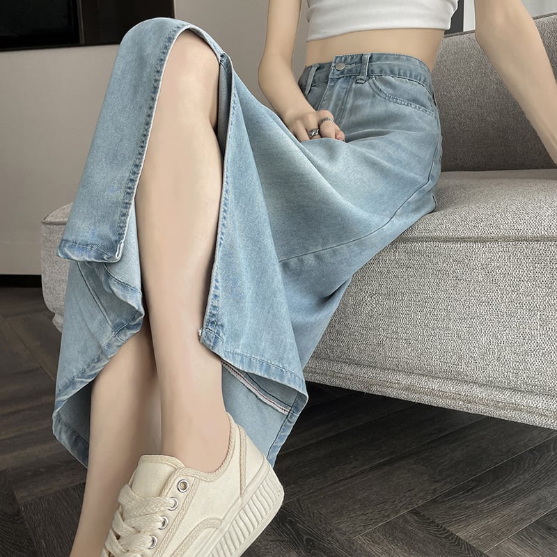 Mekana denim midi suknja za žene, svijetla boja, visok pojas, tekući drapirani dio, otvor, A-linija, prilagodljiva bokovima, pogodna za sitnije figure