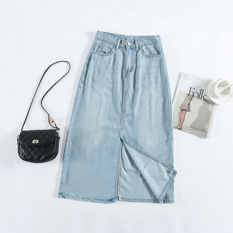 Mekana denim midi suknja za žene, svijetla boja, visok pojas, tekući drapirani dio, otvor, A-linija, prilagodljiva bokovima, pogodna za sitnije figure