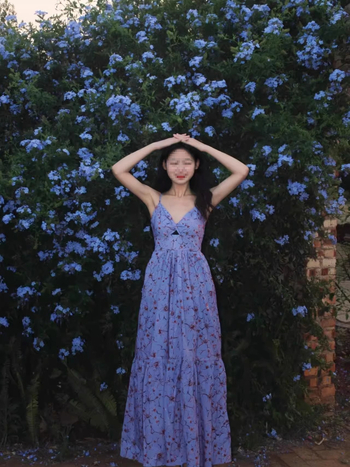 Plus size plava floralna haljina s tankim trakama, u francuskom stilu, A-linijski maxi, ljetno plažno putovanje, V izrez, otvorena leđa