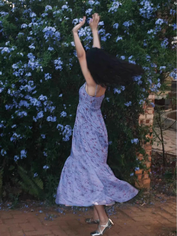 Plus size plava floralna haljina s tankim trakama, u francuskom stilu, A-linijski maxi, ljetno plažno putovanje, V izrez, otvorena leđa