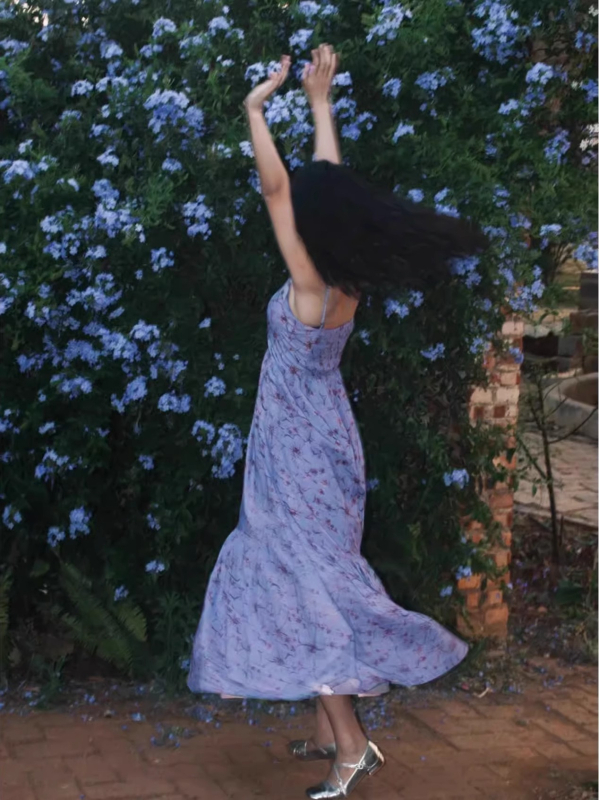 Plus size plava floralna haljina s tankim trakama, u francuskom stilu, A-linijski maxi, ljetno plažno putovanje, V izrez, otvorena leđa