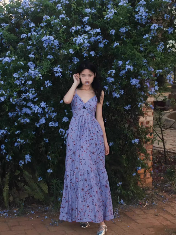 Plus size plava floralna haljina s tankim trakama, u francuskom stilu, A-linijski maxi, ljetno plažno putovanje, V izrez, otvorena leđa