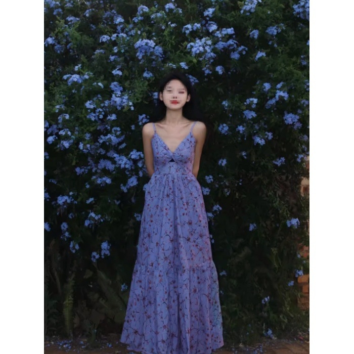 Plus size plava floralna haljina s tankim trakama, u francuskom stilu, A-linijski maxi, ljetno plažno putovanje, V izrez, otvorena leđa