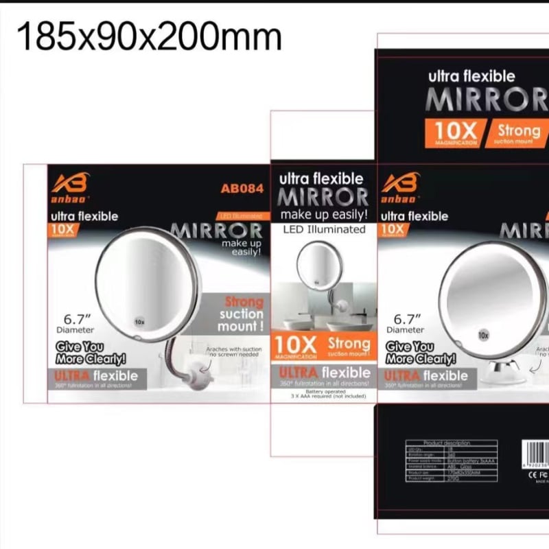 Ogledalo za šminkanje s LED svjetlom, 10× povećanje, USB punjenje, tri temperature boje, usisna čašica za pričvršćivanje, sklopivo ogledalo