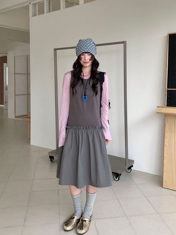YOU THINK Ujjatlan patchwork csipke ruha koreai stílusú színblokkal, A-vonalú középméretű ruha nőknek