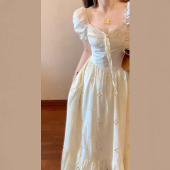 Petite visine 150 cm, haljina u francuskom stilu s izrezom, puff rukavi, kvadratni izrez, ljetna midi haljina A-linije
