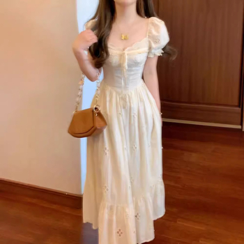 Petite visine 150 cm, haljina u francuskom stilu s izrezom, puff rukavi, kvadratni izrez, ljetna midi haljina A-linije