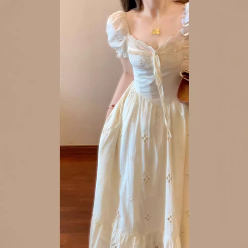 Petite visine 150 cm, haljina u francuskom stilu s izrezom, puff rukavi, kvadratni izrez, ljetna midi haljina A-linije
