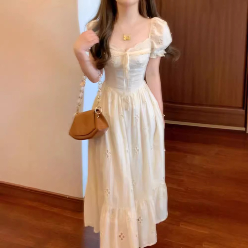 Petite visine 150 cm, haljina u francuskom stilu s izrezom, puff rukavi, kvadratni izrez, ljetna midi haljina A-linije
