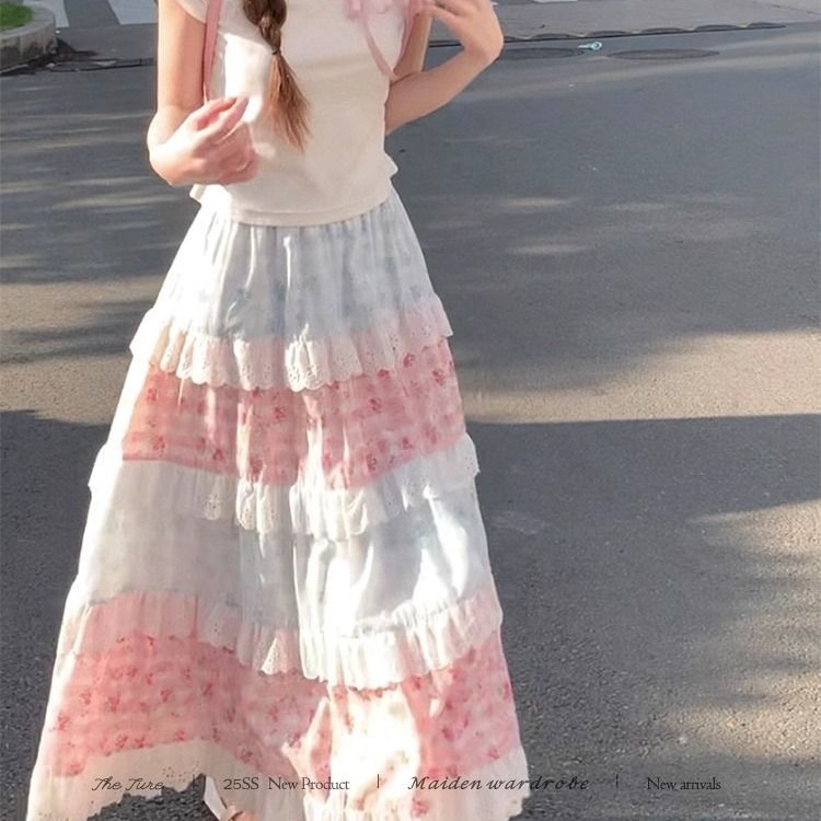 Suknja midi duljine s čipkom visokim strukom, cvjetni patchwork, vintage inspiracija, proljeće-ljeto 2026