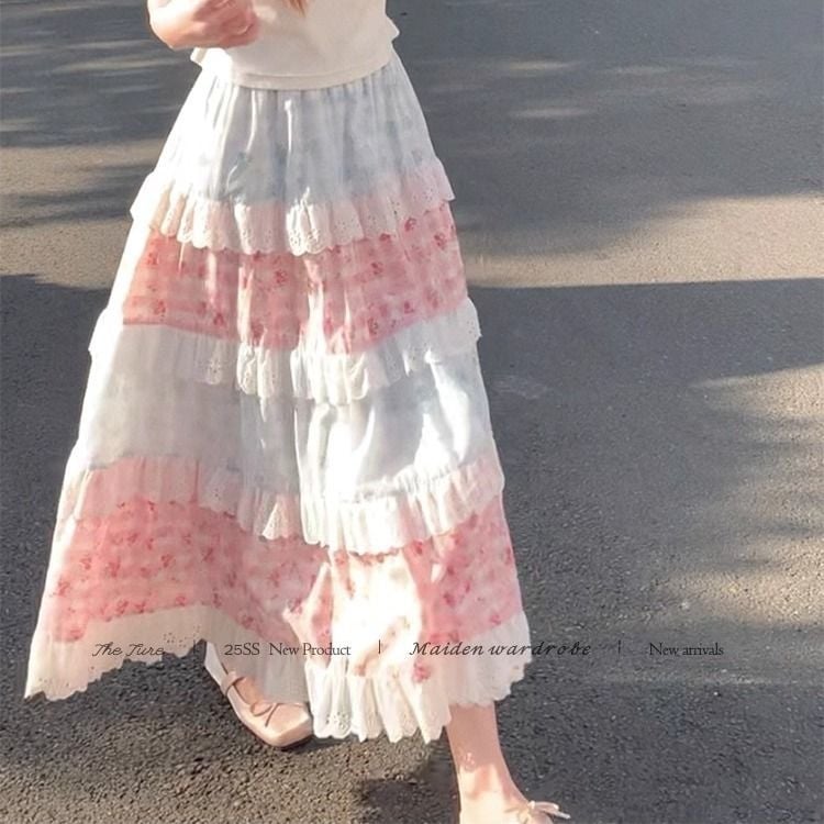 Suknja midi duljine s čipkom visokim strukom, cvjetni patchwork, vintage inspiracija, proljeće-ljeto 2026