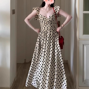 Ženska haljina za veće veličine, francuski retro stil, naglašeni struk, točkasti uzorak, lagani rukavi, midi duljina