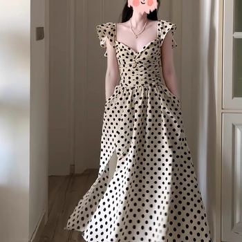 Ženska haljina za veće veličine, francuski retro stil, naglašeni struk, točkasti uzorak, lagani rukavi, midi duljina