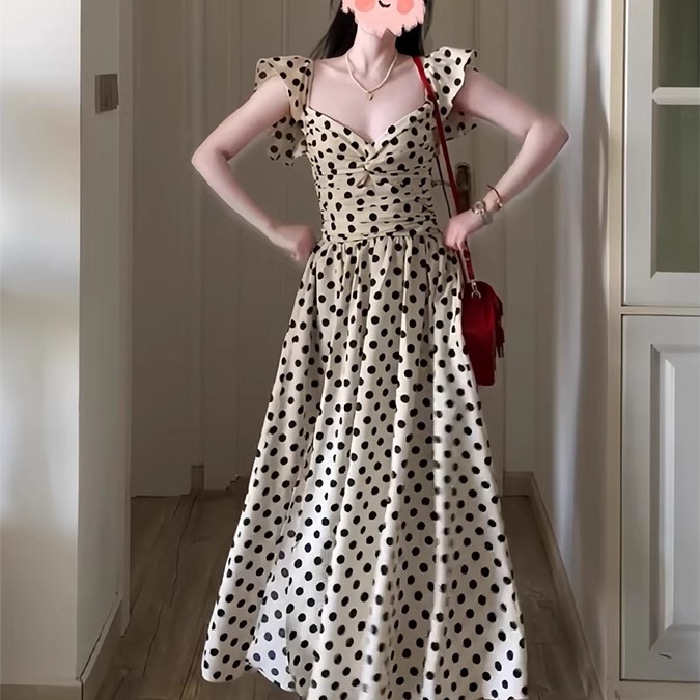 Ženska haljina za veće veličine, francuski retro stil, naglašeni struk, točkasti uzorak, lagani rukavi, midi duljina