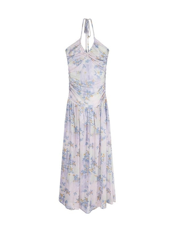 Plisirana haljina s floralnim uzorkom, otvoreni leđa, halter, mrežasti materijal, duga A-line silueta