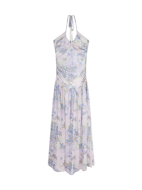 Plisirana haljina s floralnim uzorkom, otvoreni leđa, halter, mrežasti materijal, duga A-line silueta