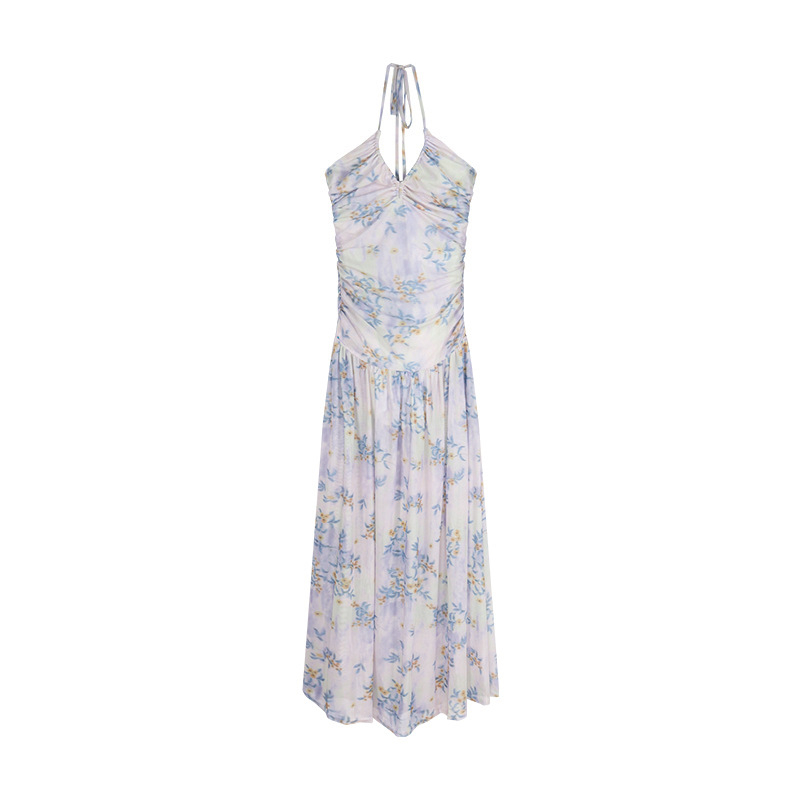 Plisirana haljina s floralnim uzorkom, otvoreni leđa, halter, mrežasti materijal, duga A-line silueta