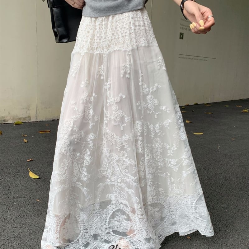 Bijela midi suknja od čipke i mrežice, visokim pojasom, ljeto, plus-size, elegantna i eterična