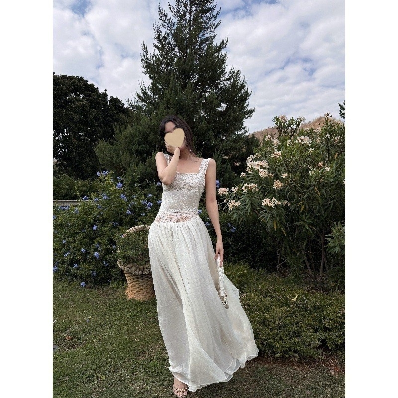 Lattitude Yang Xiaolu Amber Light Patchwork Csipke Hosszú Ruha Pánt Nélküli, Hátsó Nyitott
