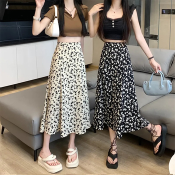 Midi suknja s cvjetnim uzorkom, visokim strukom, A-linija, ljetni korejski stil