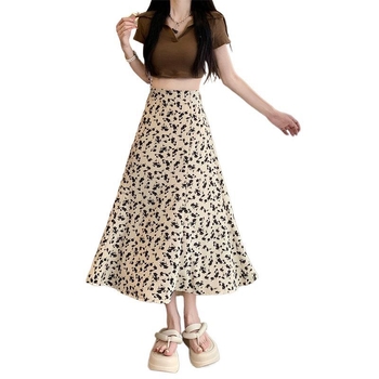 Midi suknja s cvjetnim uzorkom, visokim strukom, A-linija, ljetni korejski stil