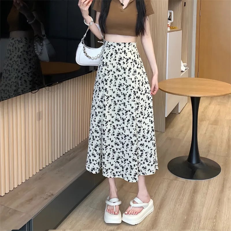 Midi suknja s cvjetnim uzorkom, visokim strukom, A-linija, ljetni korejski stil