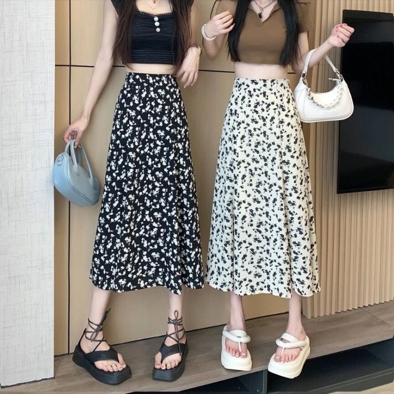 Midi suknja s cvjetnim uzorkom, visokim strukom, A-linija, ljetni korejski stil