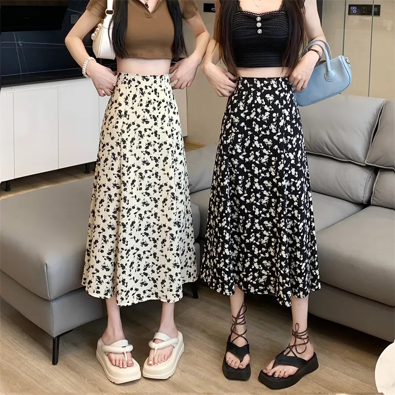 Midi suknja s cvjetnim uzorkom, visokim strukom, A-linija, ljetni korejski stil