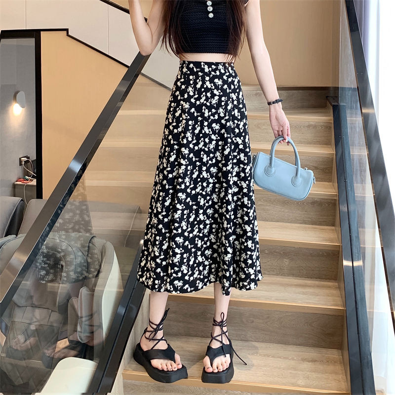 Midi suknja s cvjetnim uzorkom, visokim strukom, A-linija, ljetni korejski stil