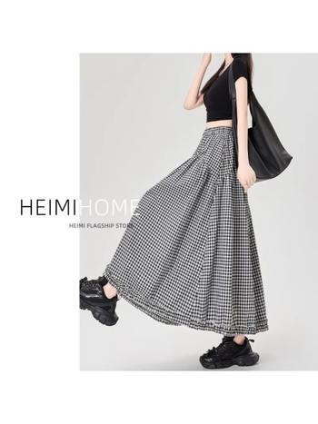 Midi suknja s čipkom i uzorkom houndstooth za žene, proljeće-ljeto, visokim pojasom, A-linija, midi duljina, ležerni kroj