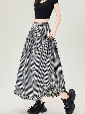 Midi suknja s čipkom i uzorkom houndstooth za žene, proljeće-ljeto, visokim pojasom, A-linija, midi duljina, ležerni kroj