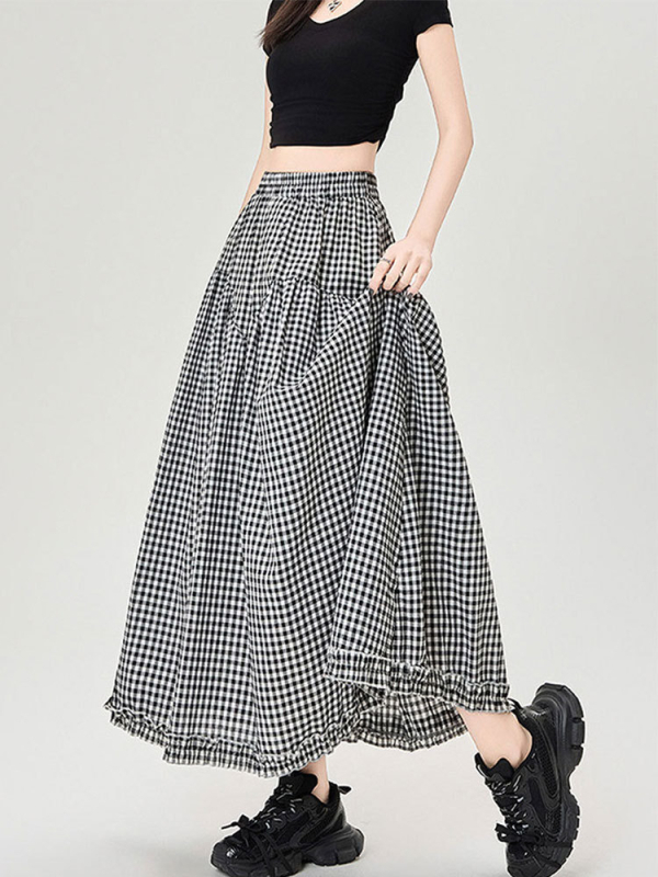 Midi suknja s čipkom i uzorkom houndstooth za žene, proljeće-ljeto, visokim pojasom, A-linija, midi duljina, ležerni kroj