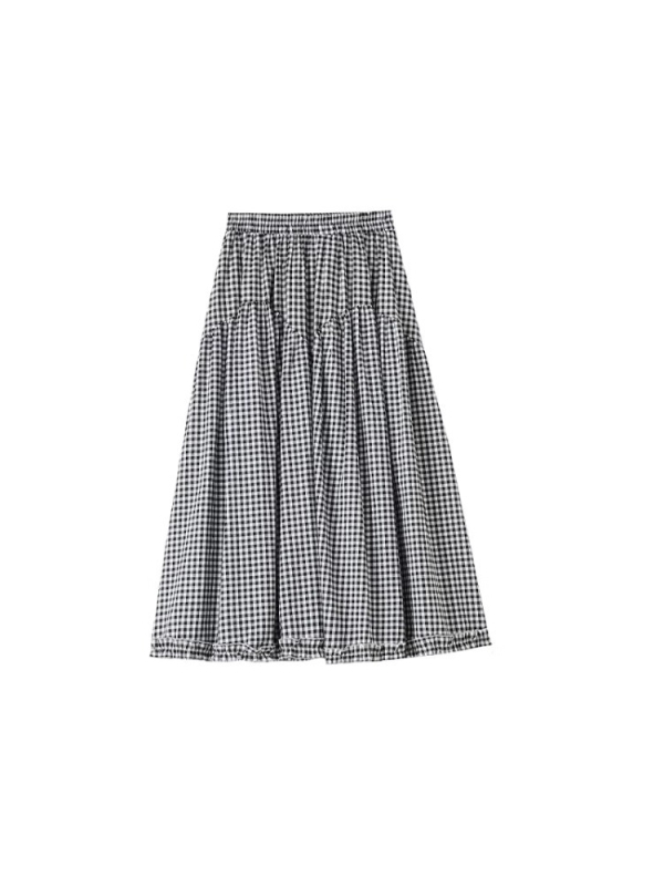 Midi suknja s čipkom i uzorkom houndstooth za žene, proljeće-ljeto, visokim pojasom, A-linija, midi duljina, ležerni kroj