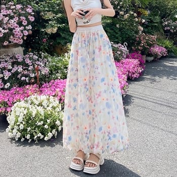 Fustă florală A-line cu șnur, talie înaltă, lungime midi, vară 2025