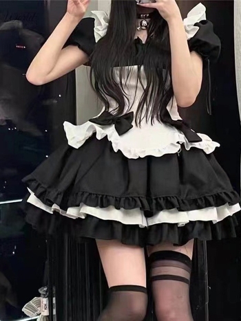 Japanski stil, plus-size kostim službenice Lolita, crno-bijeli, set princeze