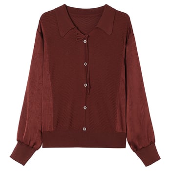 Középkorú nőknek szánt könnyű tavaszi kötött top, hosszú lámpás ujjú, laza szabás, elegáns pulóver, rövid hosszúságú (40–50 cm)