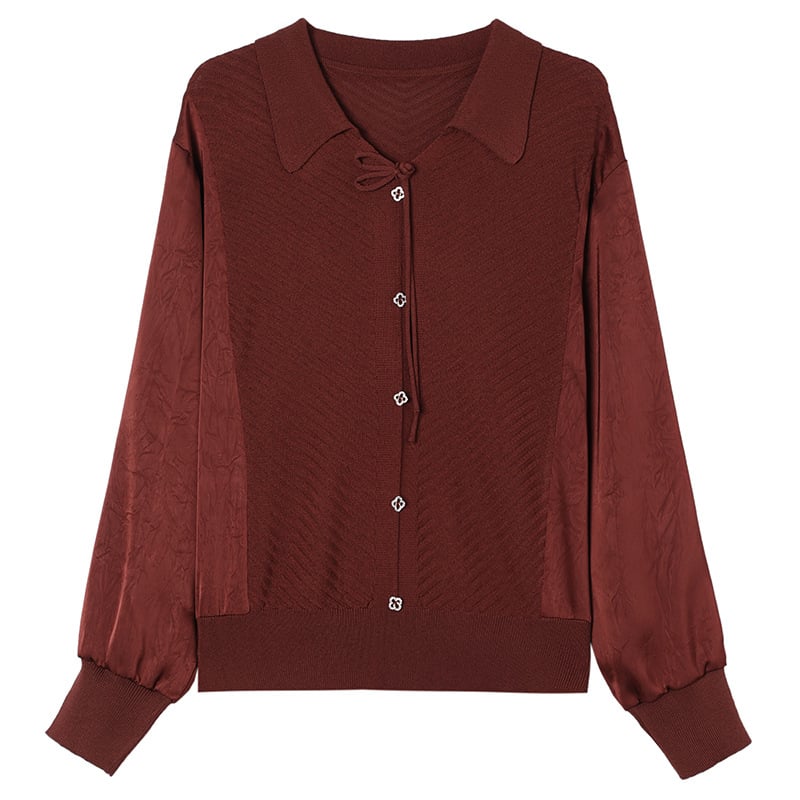 Középkorú nőknek szánt könnyű tavaszi kötött top, hosszú lámpás ujjú, laza szabás, elegáns pulóver, rövid hosszúságú (40–50 cm)