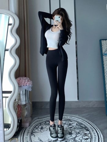 Черен женски йога комплект с топ с дълъг ръкав и панталони, Slim-Fit, пролет-лято, корейски стил