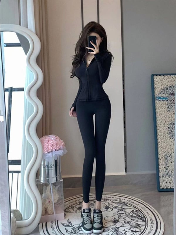 Черен женски йога комплект с топ с дълъг ръкав и панталони, Slim-Fit, пролет-лято, корейски стил